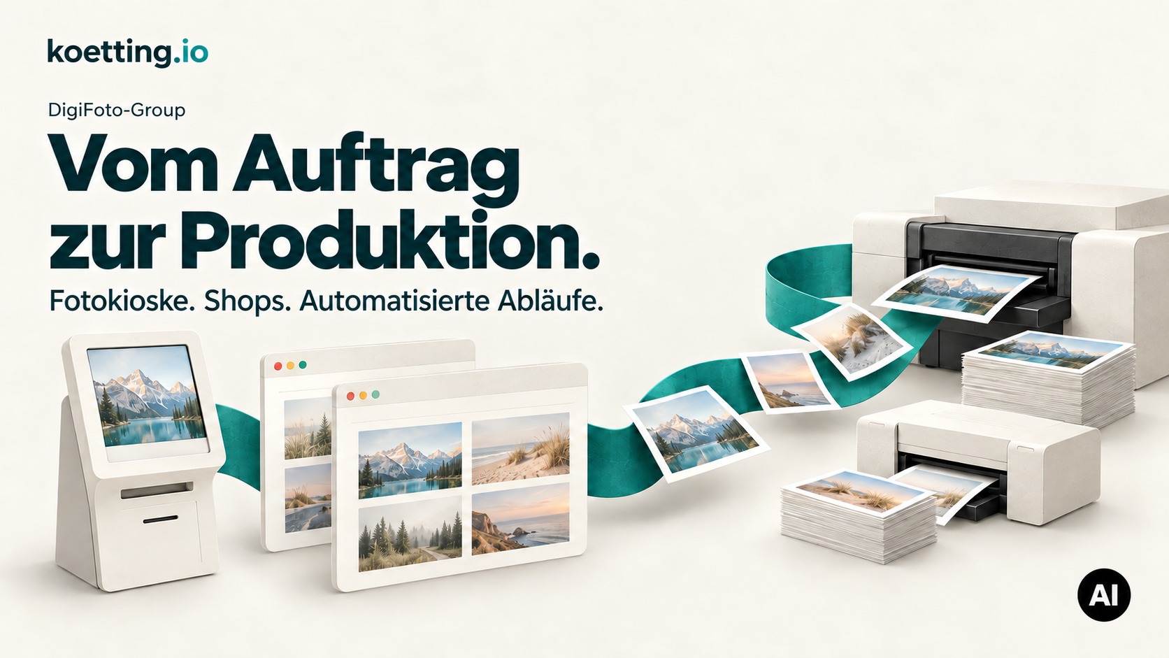KI-generierte Illustration: Fotokiosk und mehrere Onlineshops sind über einen türkisfarbenen Datenfluss mit Fotolabor und lokaler Produktion verbunden.