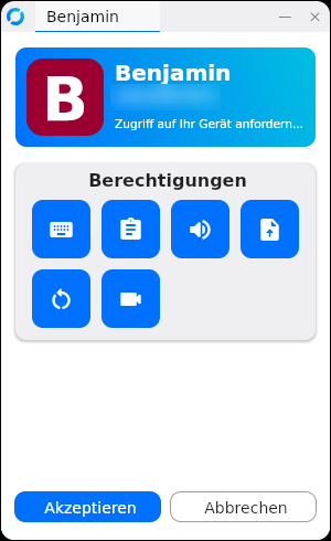 Kleines RustDesk-Fenster mit dem Namen Benjamin und dem Text „Zugriff auf Ihr Gerät anfordern“. Unten die Knöpfe Akzeptieren und Abbrechen.