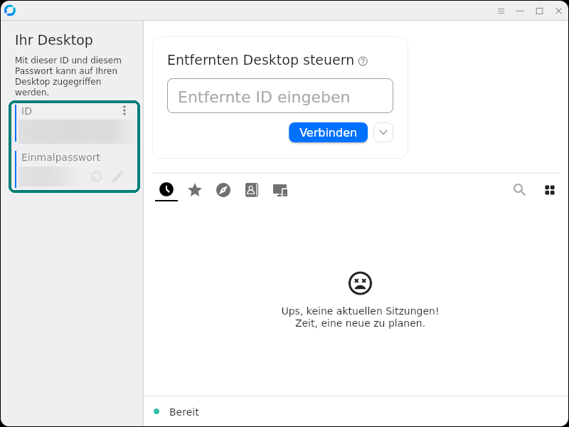 RustDesk-Fenster, Bereich „Ihr Desktop“. Die Felder ID und Einmalpasswort sind markiert.