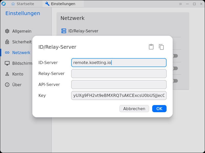 RustDesk-Einstellungen, Bereich Netzwerk. Im Fenster ID/Relay-Server steht bei ID-Server remote.koetting.io und darunter der Key.
