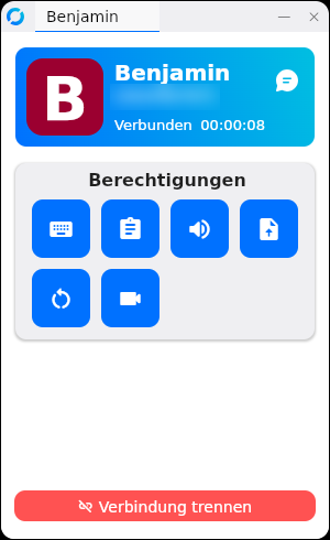 Dasselbe Fenster während der Verbindung: „Verbunden“ mit Zeitanzeige, unten ein roter Knopf „Verbindung trennen“.