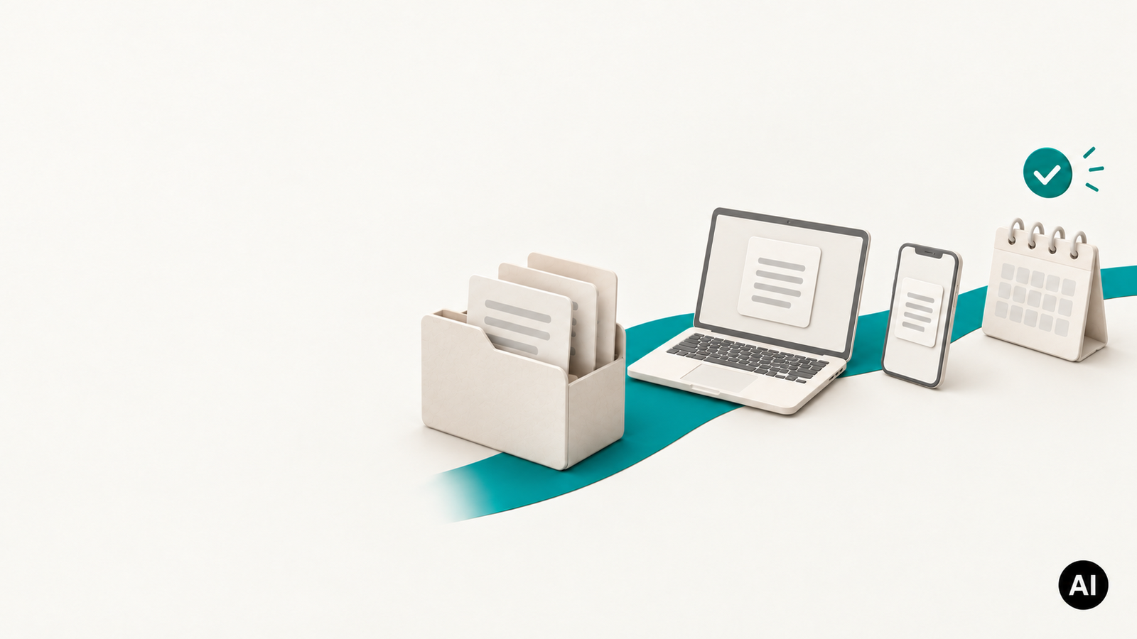 KI-generierte Illustration: Ein offener Ordner mit Dokumentkarten, ein petrolfarbenes Band führt zu Laptop, Smartphone und einem kleinen Tischkalender, darüber ein grünes Häkchen.
