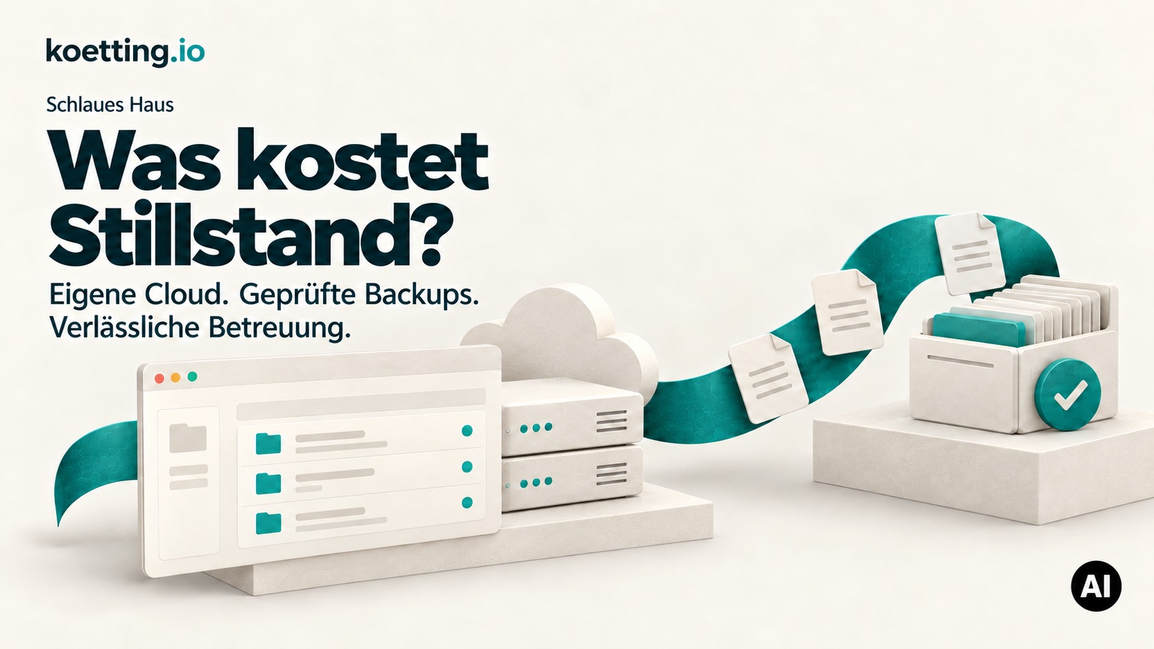 KI-generierte Illustration: Eigene Cloud-Infrastruktur und Anwendungen sind mit einer separaten, geprüften Datensicherung verbunden.